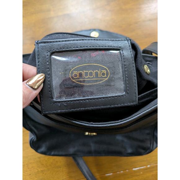 Black Leather Crossbody Bag Gold Wishbone Clasp Vintage Adjustable Antonia - Picture 8 of 8